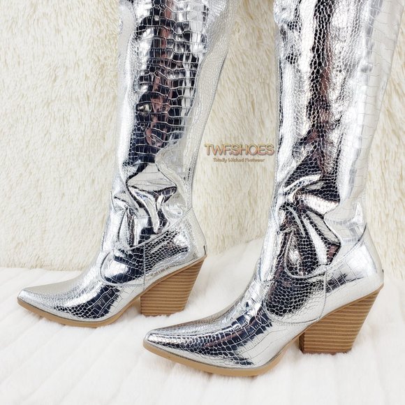 Silver Western thigh high Cowboy Boots - Picture 10 of 15